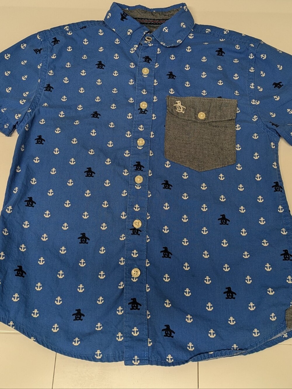 Original Penguin Boys Blue Anchor Button Up Shirt Size 8Y